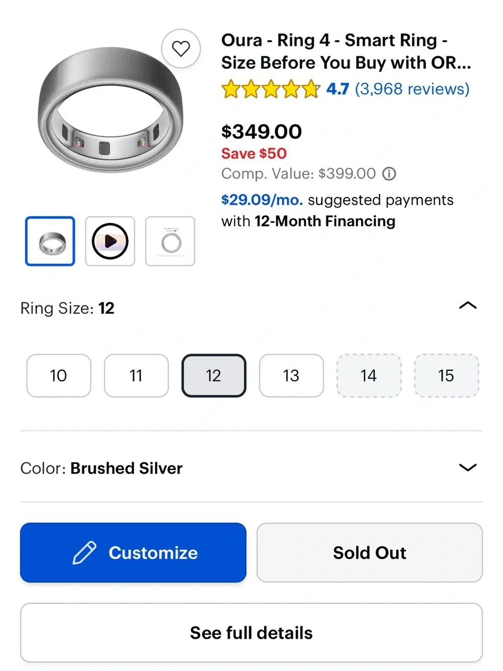Oura Ring Generation 4 Smart Ring — Brushed Silver Finish